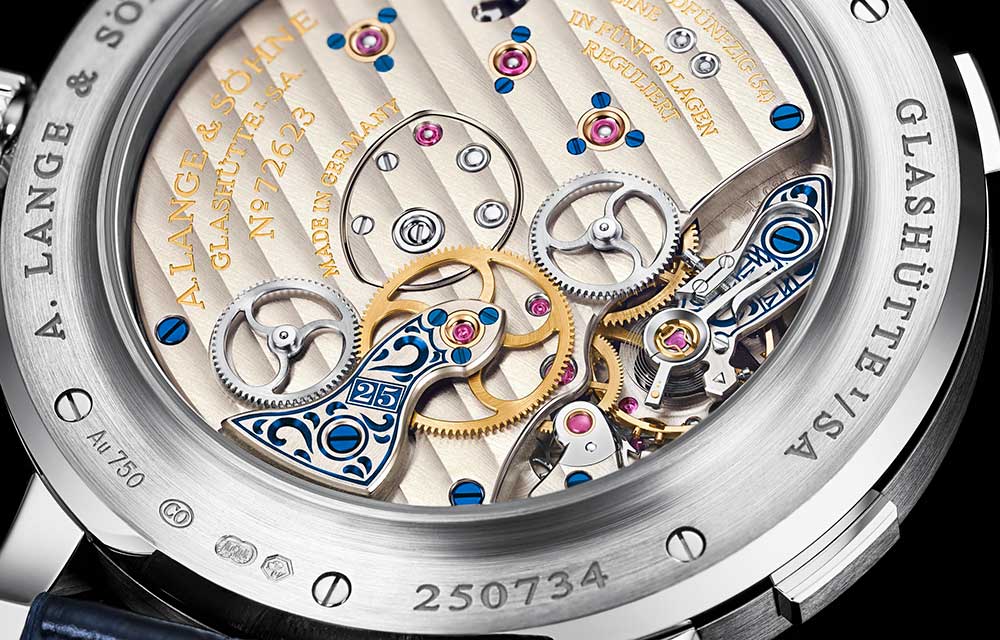 a lange sohne lange fuseaux horaires 25th anniversary caseback closeup