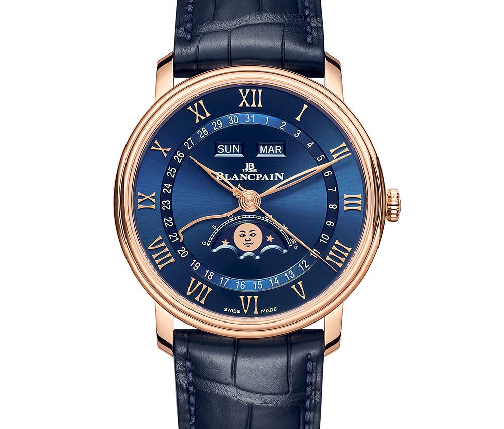 blancpain villeret quantieme complet blue leather strap