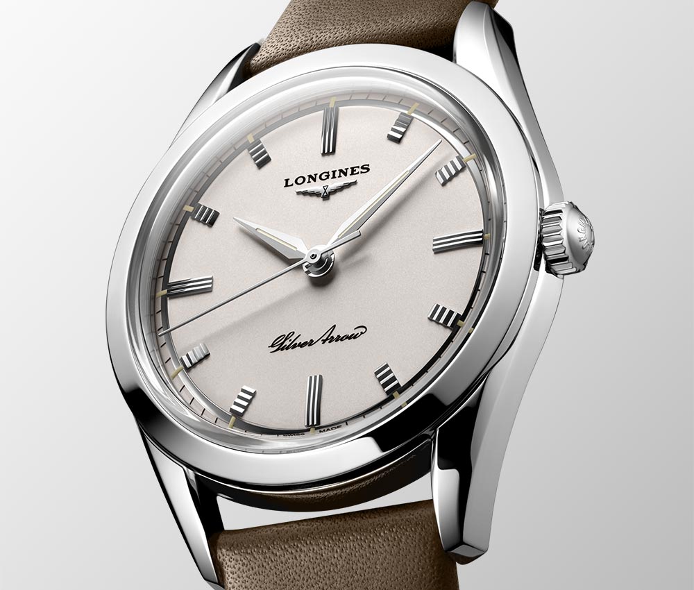 longines heritage silver arrow 2021 closeup