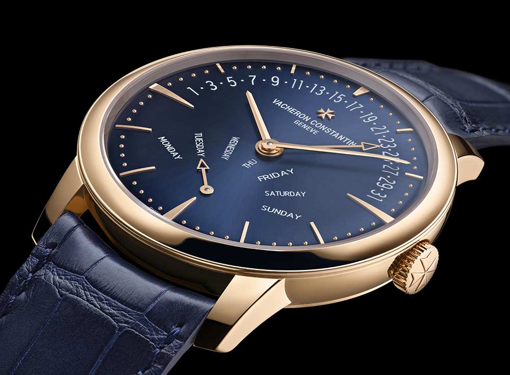 vacheron constantin patrimony retrograde day date blue dial closeup